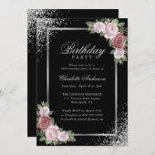 Blush Pink Zwart Zilver Bloemen Verjaardagsfeest Kaart (Voorkant / Achterkant)