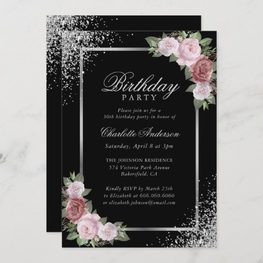 Blush Pink Zwart Zilver Bloemen Verjaardagsfeest Kaart (Voorkant / Achterkant)
