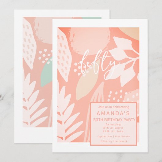 Blush Pinks Natuur 50th Birthday Invite Kaart (Voorkant / Achterkant)