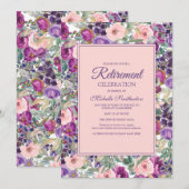 Blush Pinkse Paarse Floral Retirement Party Kaart (Voorkant / Achterkant)