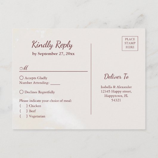 Blush Pioen & Bourgondië Maaltijdopties RSVP Brief Uitnodiging Briefkaart (Achterkant)