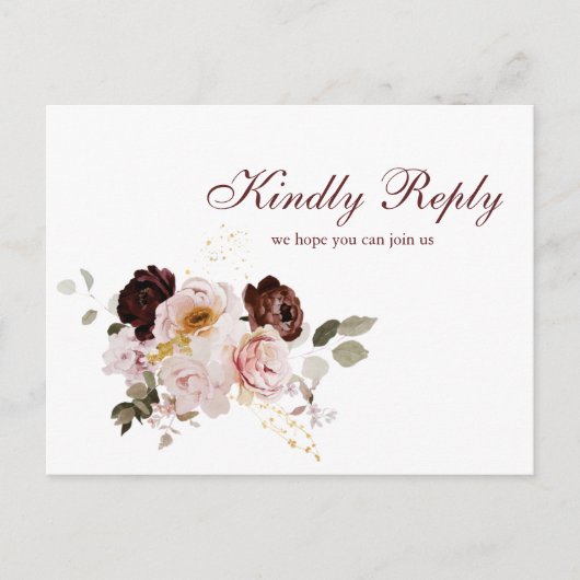 Blush Pioen & Bourgondië Maaltijdopties RSVP Brief Uitnodiging Briefkaart (Voorkant)