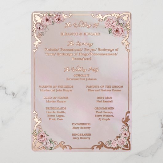  Blush Pioen Bruiloft Folie Programma Kaart (Voorkant)