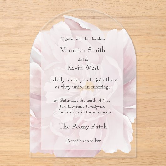 Blush pioen duidelijke acryl bruiloft uitnodiging (Voorkant)