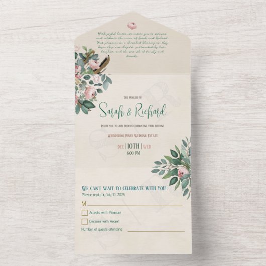 Blush pioen en salie lente tuin bruiloft all in one uitnodiging (Binnen)