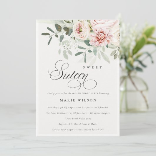 Blush Pioen Eucalyptus Bladzijde Zestien Verjaarda Kaart (Staand voorkant)