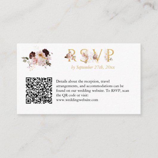 Blush Pioen & Goud Bourgogne Bruiloft RSVP QR Code Informatiekaartje (Voorkant)
