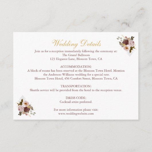 Blush Pioen & Goud Bourgondië Bloemen bruiloft Det Informatiekaartje (Voorkant)