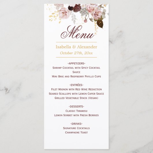 Blush Pioen & Goud Bourgondië Bloemen Bruiloft Menu (Voorkant)