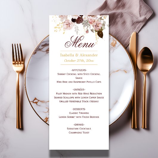 Blush Pioen & Goud Bourgondië Bloemen Bruiloft Menu