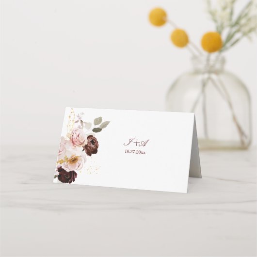 Blush Pioen & Goud Bourgondië Bloemen Bruiloft Plaatskaartje (Achterkant)