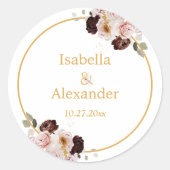 Blush Pioen & Goud Bourgondië Bloemen Bruiloft Ronde Sticker (Voorkant)