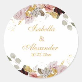Blush Pioen & Goud Bourgondië Bloemen Bruiloft Ronde Sticker