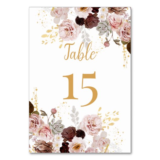 Blush Pioen & Goud Bourgondië Bruiloft Tafel Numme Kaart (Achterkant)