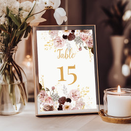 Blush Pioen & Goud Bourgondië Bruiloft Tafel Numme Kaart