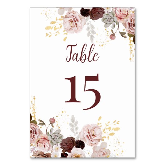 Blush Pioen & Goud Bourgondië Bruiloft Tafel Numme Kaart (Achterkant)