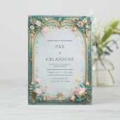 Blush Pioen Teal Filigraan Bruiloft Kaart (Staand voorkant)