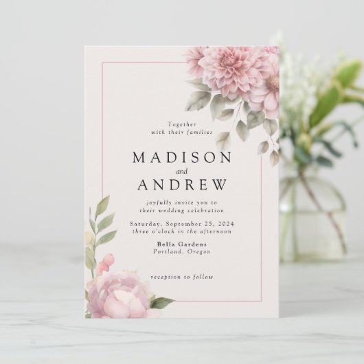 Blush pioen tuin bruiloft uitnodiging (Staand voorkant)