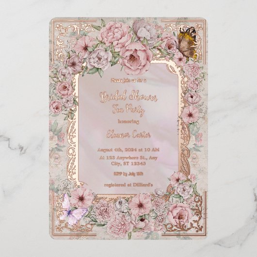  Blush Pioen Vrijgezellenfeest Tea Party Folie Uitnodiging (Voorkant)