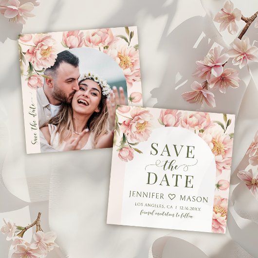 Blush pioenen Bewaar de datum foto uitnodiging