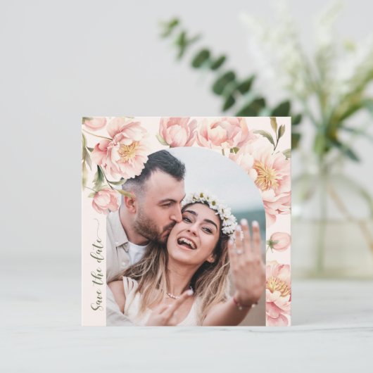 Blush pioenen Bewaar de datum foto uitnodiging (Staand voorkant)