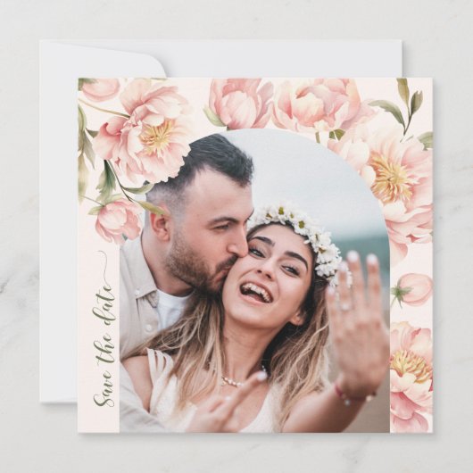 Blush pioenen Bewaar de datum foto uitnodiging (Voorkant)