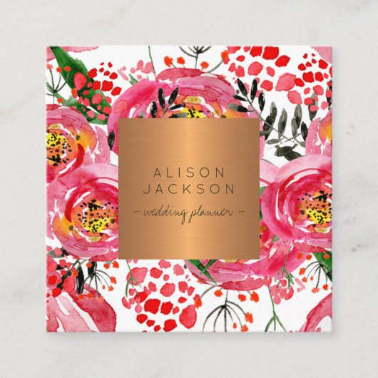 Blush pioenen koper goud bruiloft planner vierkante visitekaartje (Voorkant)