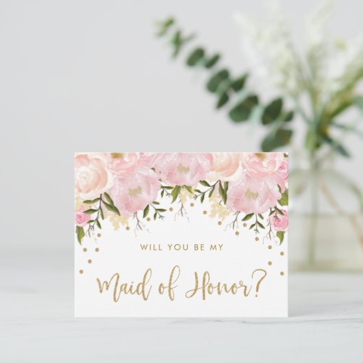 Blush pioenen roze bloemen zijn mijn meid van eer kaart (Staand voorkant)