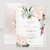 Blush pioenen Waterverf bloemen doop Kaart (Voorkant / Achterkant)