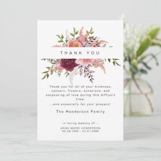 Blush Pioenrozen Bloemen Rouw Begrafenis Dank u Bedankkaart (Staand voorkant)