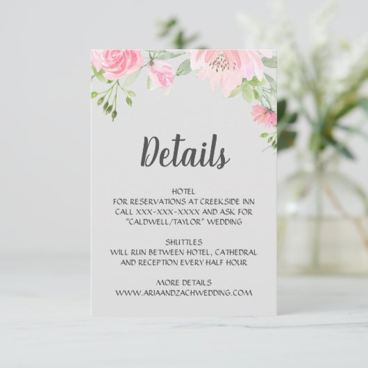 Blush Pioenrozen op Grijs Bruiloft Details Informatiekaartje (Staand voorkant)
