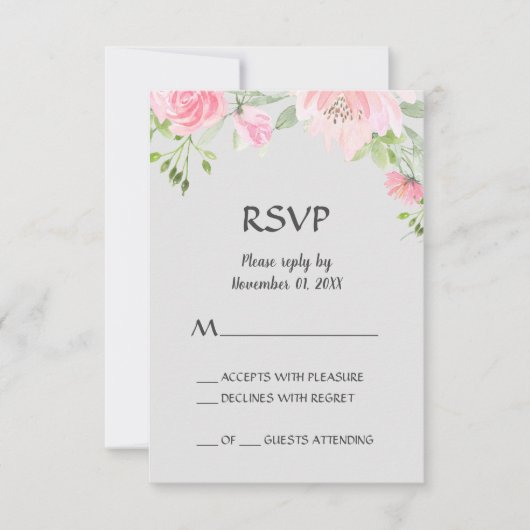 Blush Pioenrozen op Grijze RSVP-kaart RSVP Kaartje (Voorkant)