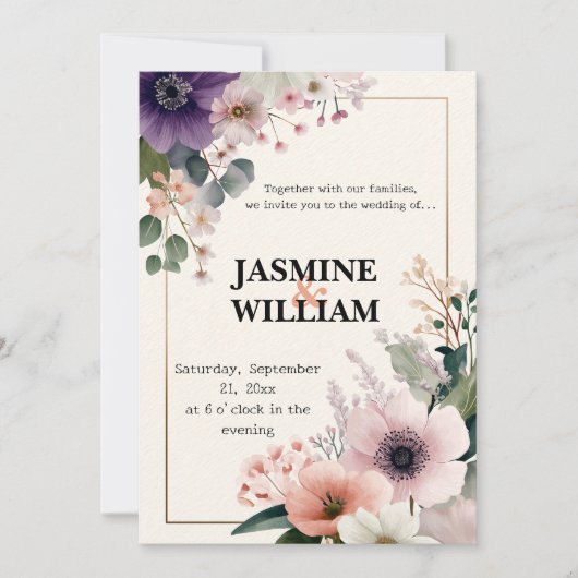 🌹 Blush & Plum Bloemen bruiloft uitnodiging 💐💒 (Voorkant)