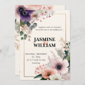 🌹 Blush & Plum Bloemen bruiloft uitnodiging 💐💒 (Voorkant / Achterkant)