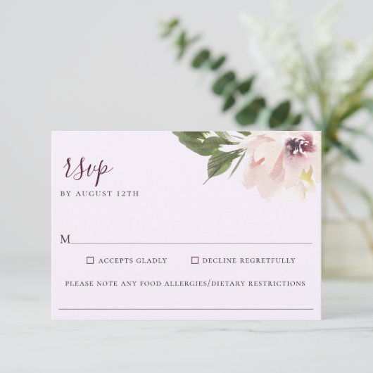 Blush Plum Bloemen Bruiloft Voedsel Allergie RSVP (Staand voorkant)