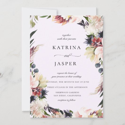 Blush Plum Bloemen Lijst Bruiloft Kaart (Voorkant)