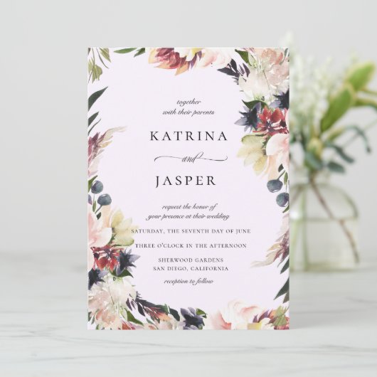 Blush Plum Bloemen Lijst Bruiloft Kaart (Staand voorkant)