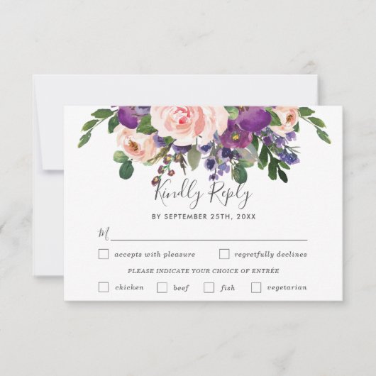 Blush Plum Floral Bruiloft Maaltijd Keuze RSVP Kaa (Voorkant)