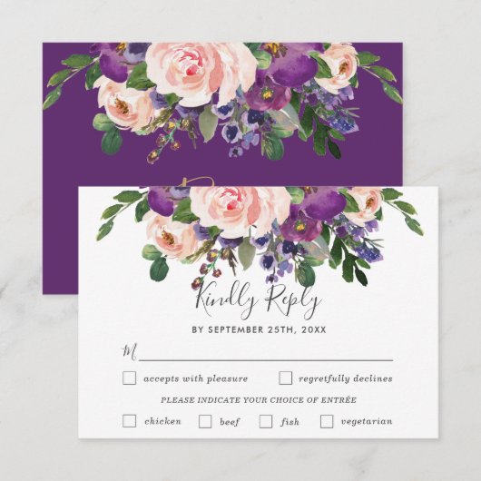 Blush Plum Floral Bruiloft Maaltijd Keuze RSVP Kaa (Voorkant / Achterkant)