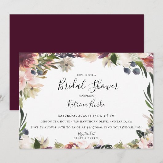 Blush Plum Floral Lijst Vrijgezellenfeest Kaart (Voorkant / Achterkant)