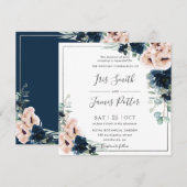 Blush Poppy Navy Blue Roos Bloemen Groen Bruiloft Kaart (Voorkant / Achterkant)