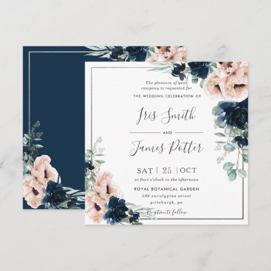 Blush Poppy Navy Blue Roos Bloemen Groen Bruiloft Kaart (Voorkant / Achterkant)