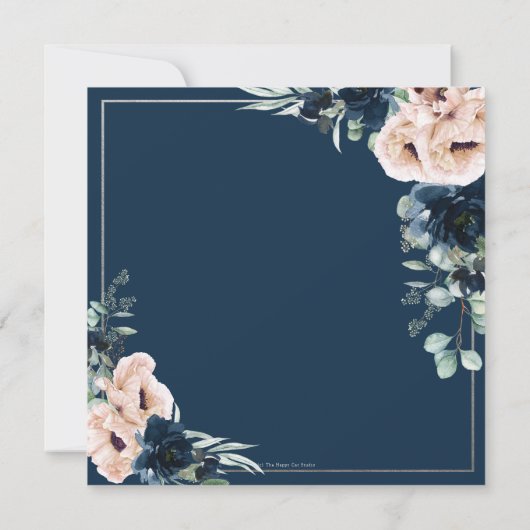 Blush Poppy Navy Blue Roos Bloemen Groen Bruiloft Kaart (Achterkant)