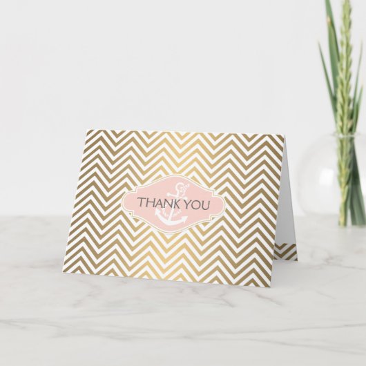 Blush Preppy Chevron Streep Moderne Nautilus Anker Bedankkaart (Voorkant)