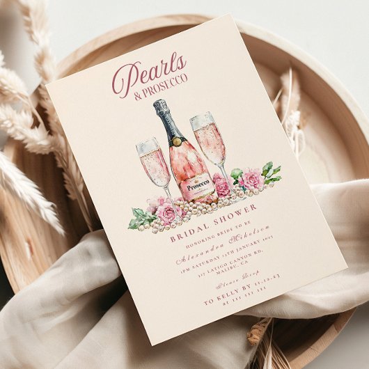 Blush Prosecco Pearls Bridal Shower Celebration Kaart