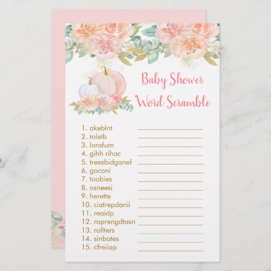 Blush Pumpkin Floral Baby Word Scramble Game (Voorkant / Achterkant)