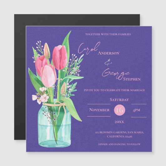Blush & Purple Floral Mason Jar Wedding Invitation Magnetische Uitnodiging (Voorkant / Achterkant)
