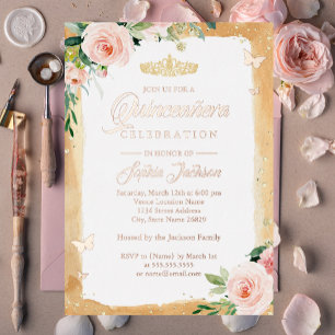 Blush Quinceanera Bloem Sparkle Roze Gouden Tiara Folie Uitnodiging