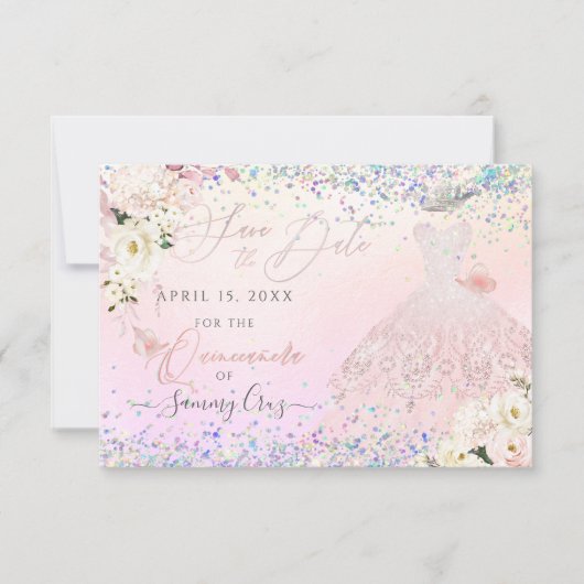 Blush Quinceanera Save Date Holographic Confetti I Kaart (Voorkant)