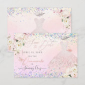 Blush Quinceanera Save Date Holographic Confetti I Kaart (Voorkant / Achterkant)